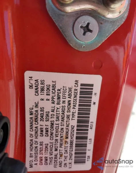 2014 Honda Civic Ex from USA, damaged, VIN 2HGFG3B88EH525242